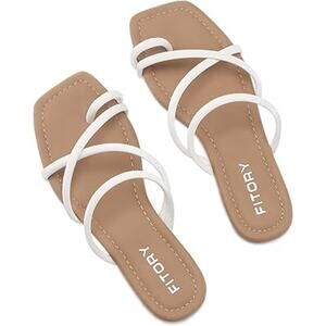 Fitory Womens Size 9 White Brown PU Slide On Open Ring Toe Flat Sandal Shoes